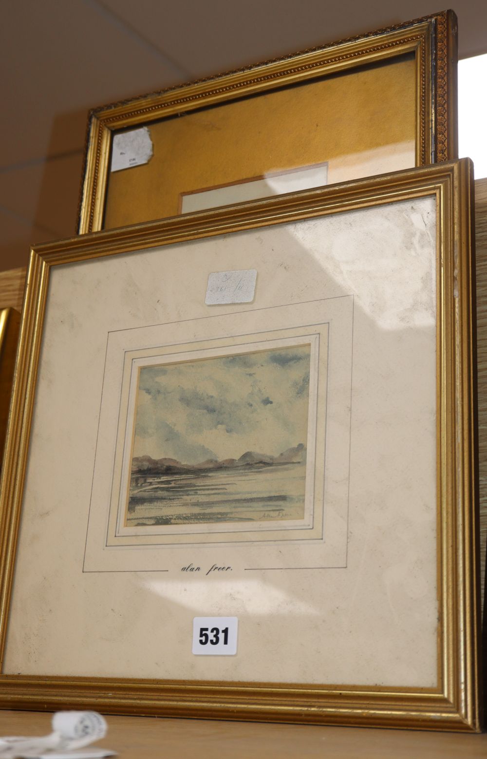 Richmond Markes, watercolour, Fishing boats off the coast, initialled, 27 x 12cm. Condition - poor to fair